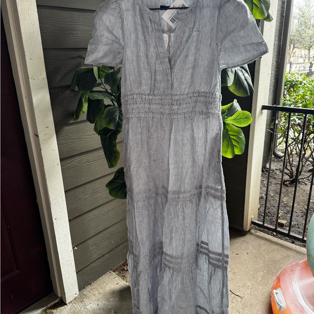 EUC Quince size xs Blue and White Striped Linen Maxi Dress - Picture 2 of 10